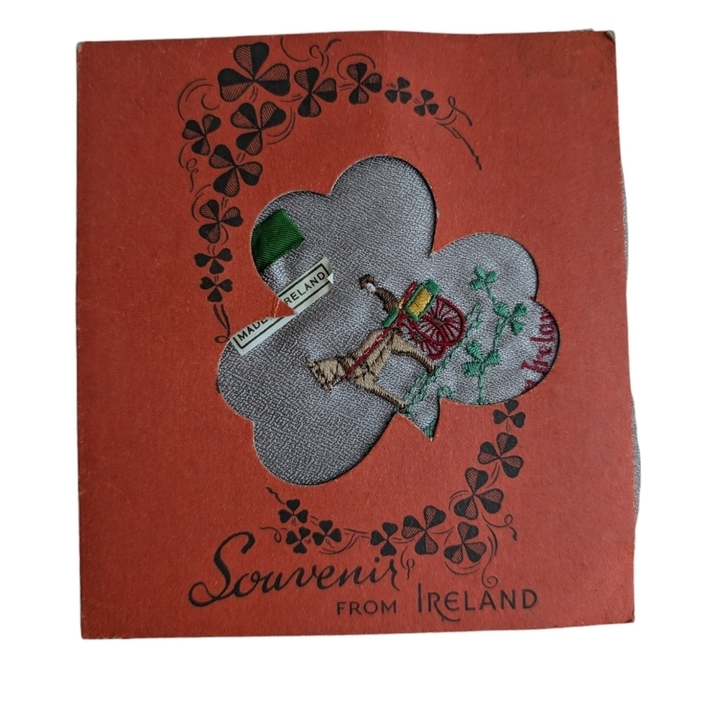 VINTAGE IRISH NWT Embroidered Hankerchief Square Taupe 4-Leaf Clover Good Luck